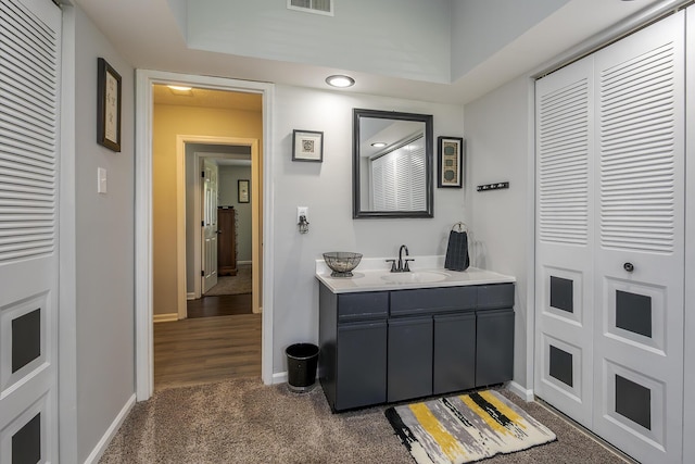 interior space with baseboards, visible vents, carpet flooring, and a sink