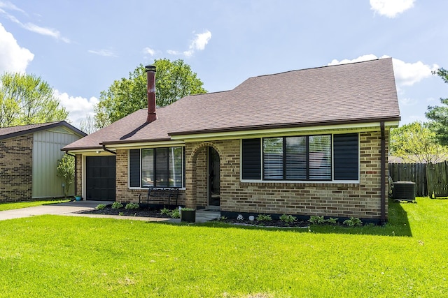 view of front of home featuring brick siding, fence, a garage, central AC unit, and concrete driveway