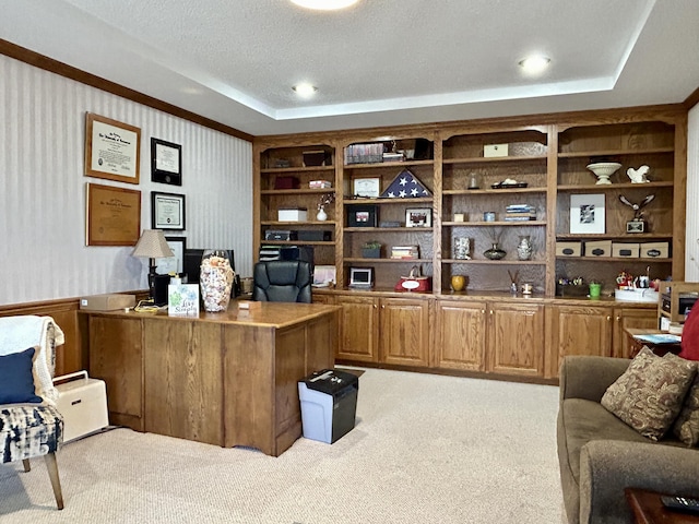 office space with a textured ceiling, a raised ceiling, built in shelves, and light carpet