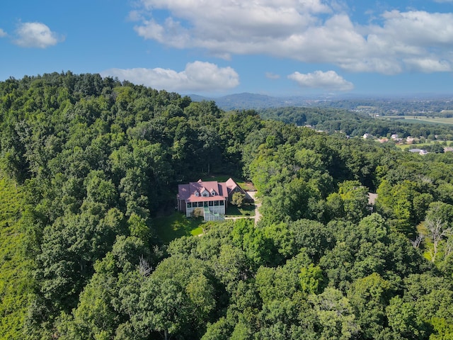 bird's eye view with a wooded view