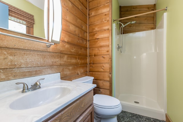 420 Stonehedge Pl, Lexington, KY 40517 - bathroom with vanity, wood walls, a shower stall, and toilet
