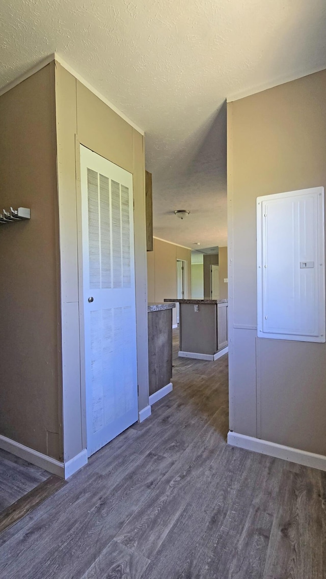 interior space featuring dark wood-style flooring, baseboards, electric panel, and a textured ceiling
