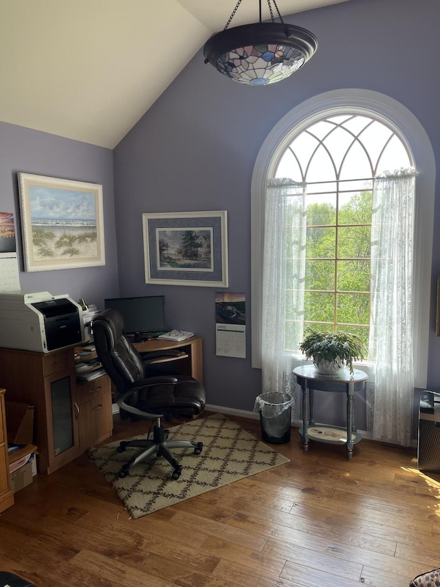 office featuring lofted ceiling, wood finished floors, and a wealth of natural light
