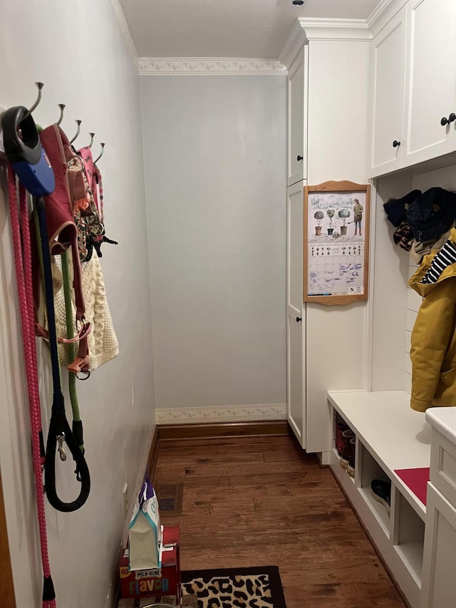 mudroom with baseboards and dark wood finished floors