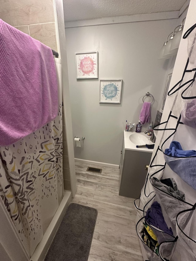 91 Barnett Rd, Brodhead, KY 40409 - full bath with vanity, visible vents, a textured ceiling, wood finished floors, and a shower with shower curtain