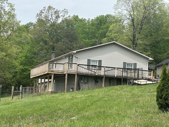 91 Barnett Rd, Brodhead, KY 40409 - rear view of property featuring fence, a chimney, a view of trees, and a wooden deck
