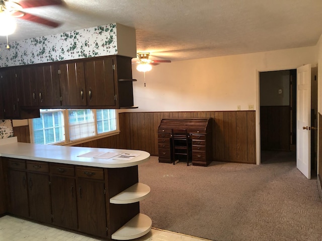 98 Lois St, Lawrenceburg, KY 40342 - kitchen with ceiling fan, a wainscoted wall, open shelves, dark brown cabinets, and a peninsula