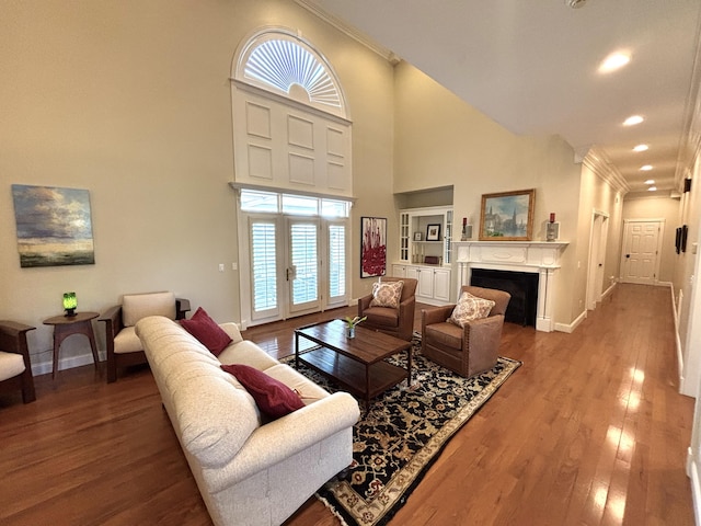 living area with baseboards, wood finished floors, a fireplace, and crown molding