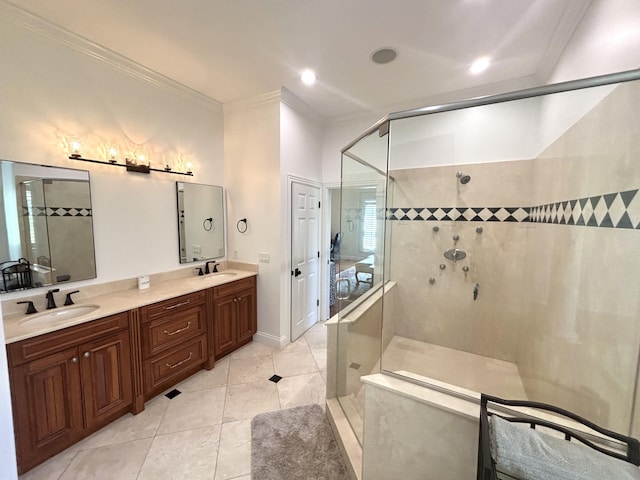full bath with a tile shower, ornamental molding, tile patterned flooring, and a sink