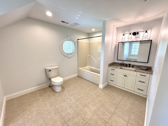bathroom with vanity, toilet, visible vents, bathtub / shower combination, and baseboards