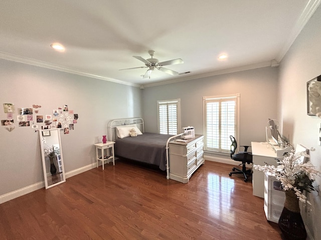 bedroom featuring crown molding, dark wood-style floors, recessed lighting, and baseboards