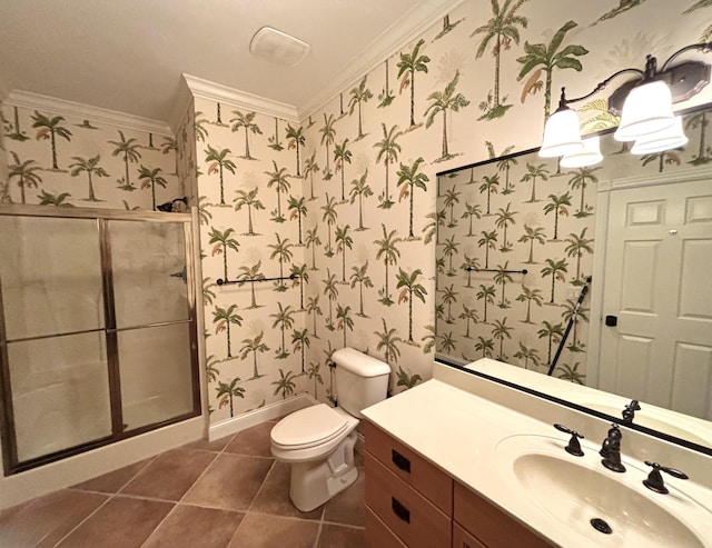bathroom featuring wallpapered walls, an enclosed shower, toilet, and crown molding