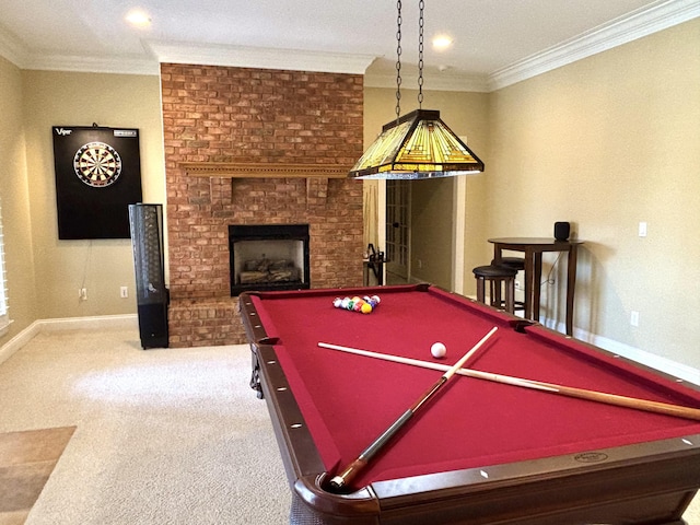 game room featuring crown molding, carpet floors, baseboards, pool table, and a fireplace