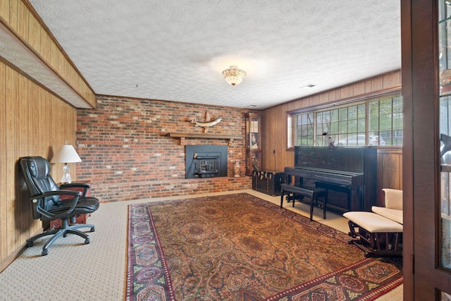 carpeted living room featuring wooden walls, a textured ceiling, and a wood stove