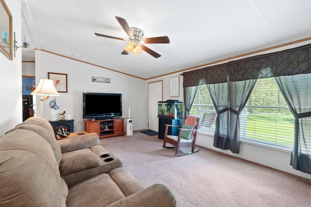 carpeted living area with lofted ceiling, a ceiling fan, and ornamental molding