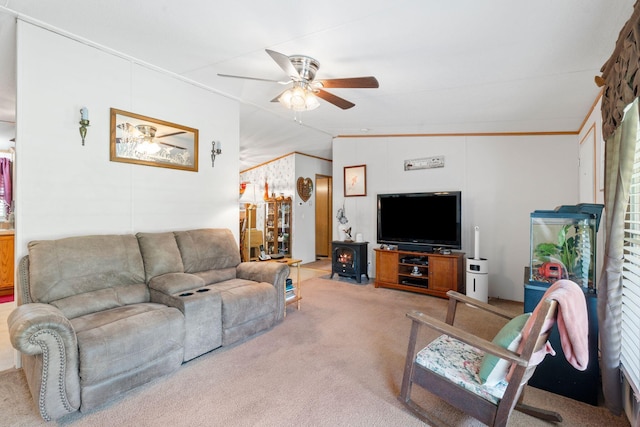 living room featuring a ceiling fan and carpet flooring