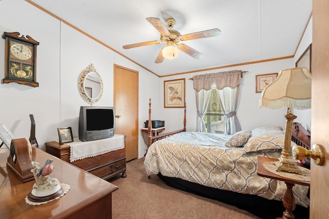 carpeted bedroom with ornamental molding, a ceiling fan, and lofted ceiling
