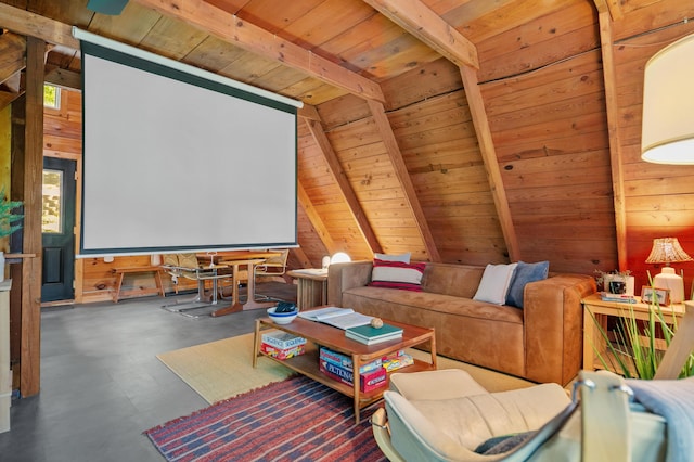 cinema featuring wood walls, vaulted ceiling with beams, and wood ceiling