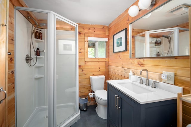 bathroom featuring wooden walls, visible vents, concrete floors, and a stall shower