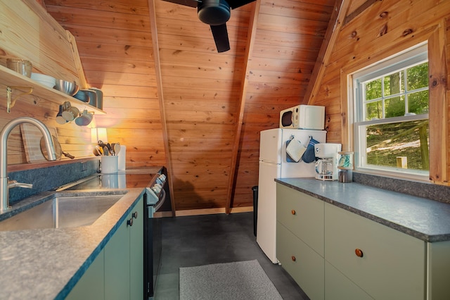 kitchen featuring open shelves, a sink, wood walls, vaulted ceiling, and white appliances