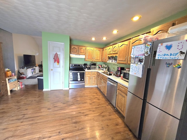 17 Jessica Way, Stanford, KY 40484 - kitchen featuring appliances with stainless steel finishes, under cabinet range hood, light countertops, wood finished floors, and a sink