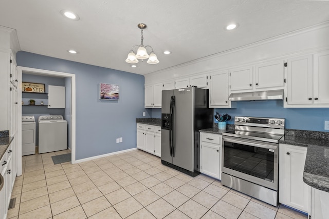 kitchen with separate washer and dryer, appliances with stainless steel finishes, under cabinet range hood, and white cabinets