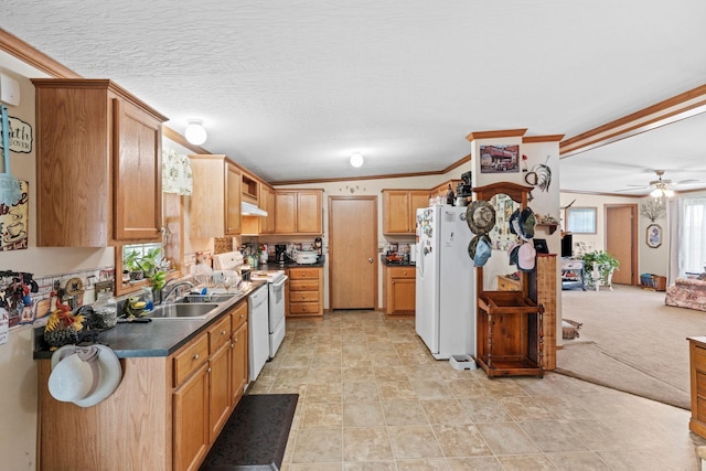 1142 Indian Creek Rd, Sadieville, KY 40370 - kitchen with a ceiling fan, dark countertops, white appliances, under cabinet range hood, and a sink