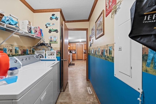 1142 Indian Creek Rd, Sadieville, KY 40370 - laundry room featuring laundry area, ornamental molding, visible vents, washing machine and dryer, and a textured ceiling