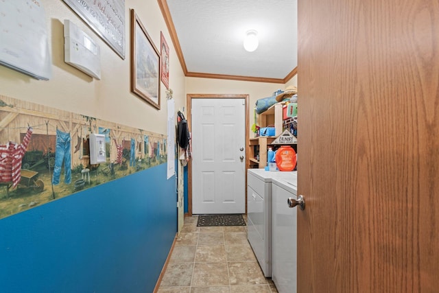 1142 Indian Creek Rd, Sadieville, KY 40370 - washroom featuring crown molding, laundry area, washing machine and dryer, and light tile patterned floors
