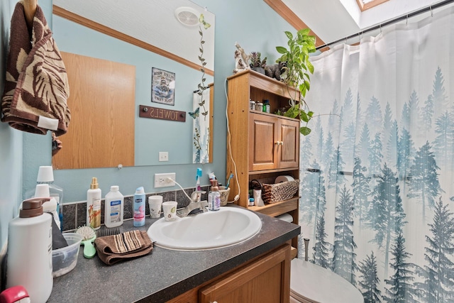 1142 Indian Creek Rd, Sadieville, KY 40370 - bathroom with toilet, a skylight, curtained shower, and vanity