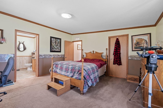 1142 Indian Creek Rd, Sadieville, KY 40370 - bedroom with a wainscoted wall, ornamental molding, carpet flooring, and connected bathroom