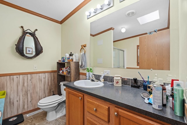 1142 Indian Creek Rd, Sadieville, KY 40370 - full bath with vanity, ornamental molding, toilet, a stall shower, and a skylight