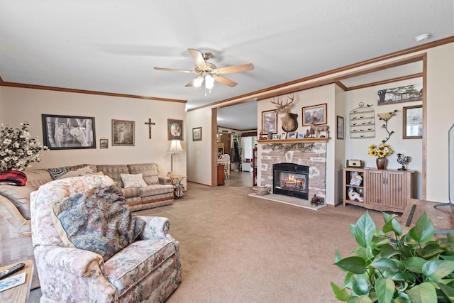 1142 Indian Creek Rd, Sadieville, KY 40370 - living area with carpet flooring, a ceiling fan, a stone fireplace, and ornamental molding