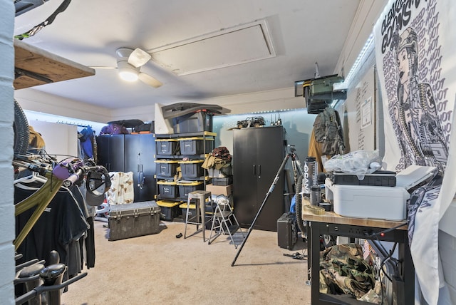 garage featuring a ceiling fan