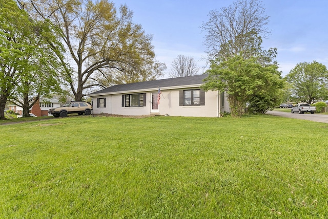 single story home with a front lawn and stucco siding