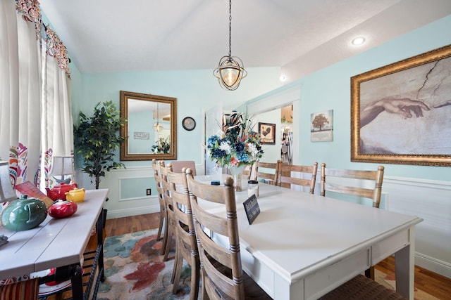 dining area featuring recessed lighting, wainscoting, dark wood finished floors, and lofted ceiling
