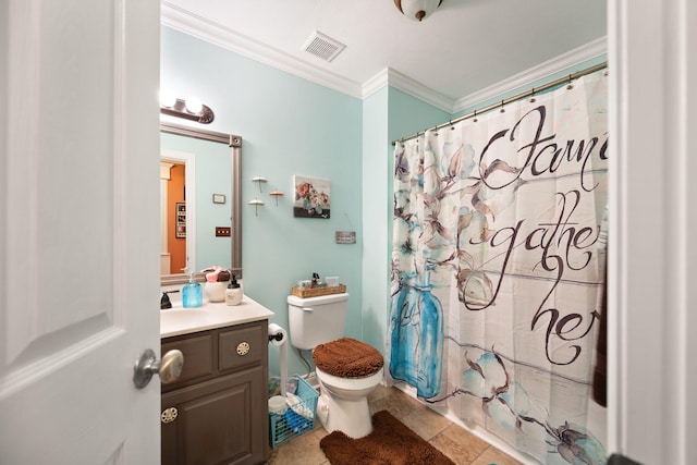 full bathroom with visible vents, crown molding, vanity, toilet, and a shower with shower curtain