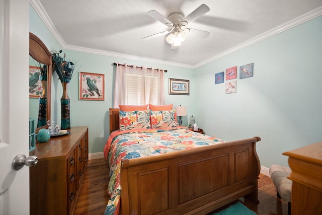 bedroom with baseboards, ornamental molding, a ceiling fan, and dark wood-style floors