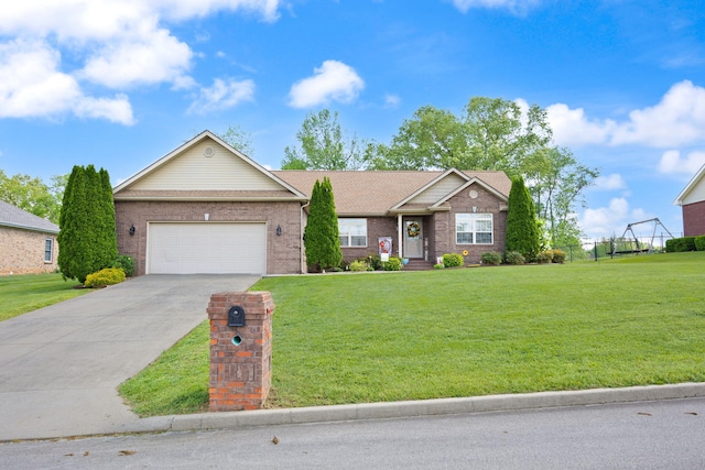 ranch-style house featuring brick siding, a garage, driveway, and a front yard