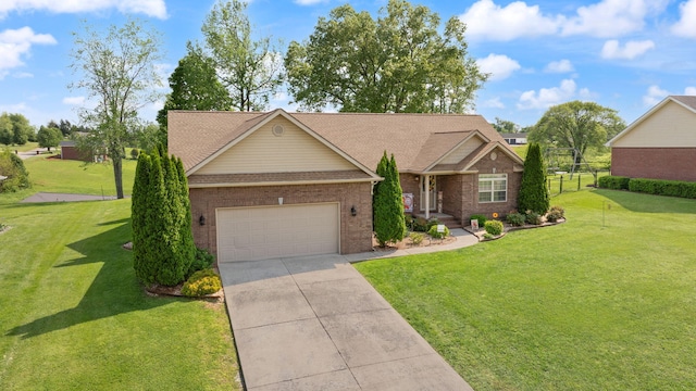 single story home featuring an attached garage, concrete driveway, a front lawn, and brick siding