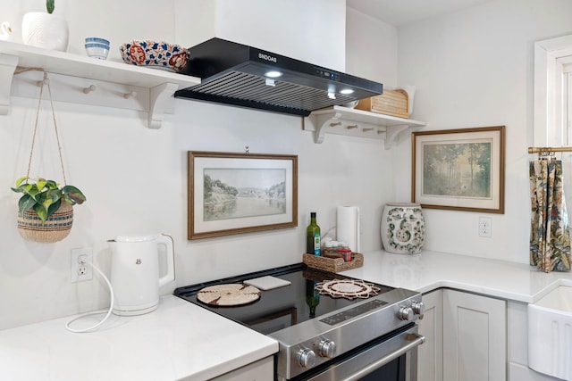 2555 Chrisman Ln, Danville, KY 40422 - kitchen featuring stainless steel range with electric stovetop, open shelves, ventilation hood, and light countertops