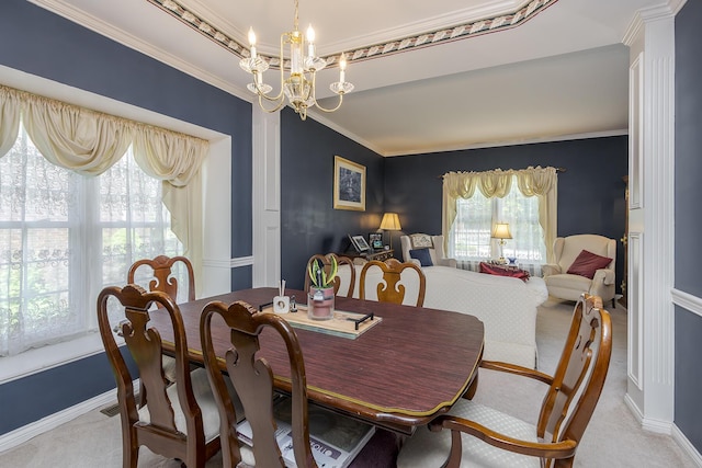 3120 Helmsdale Pl, Lexington, KY 40509 - dining room featuring light carpet, a chandelier, crown molding, baseboards, and a tray ceiling