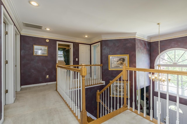 3120 Helmsdale Pl, Lexington, KY 40509 - hallway featuring an upstairs landing, a chandelier, healthy amount of natural light, ornamental molding, and recessed lighting