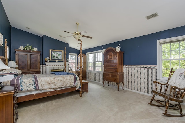 3120 Helmsdale Pl, Lexington, KY 40509 - carpeted bedroom featuring lofted ceiling, ceiling fan, and a tile fireplace