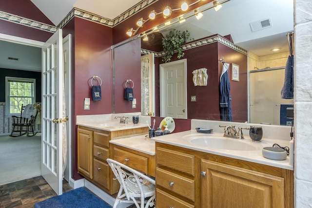 3120 Helmsdale Pl, Lexington, KY 40509 - full bathroom with a shower stall, stone finish flooring, and double vanity