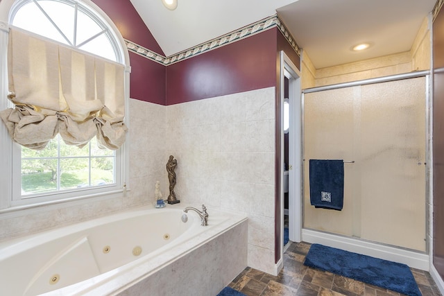 3120 Helmsdale Pl, Lexington, KY 40509 - bathroom with a stall shower, lofted ceiling, a jetted tub, stone finish flooring, and recessed lighting