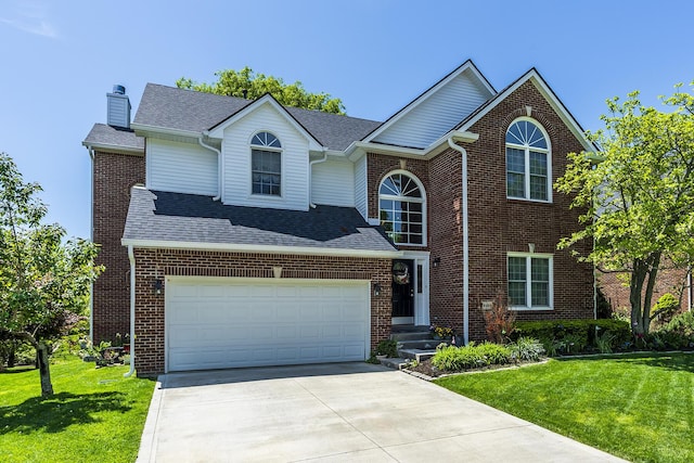 3120 Helmsdale Pl, Lexington, KY 40509 - traditional-style house with driveway, a front yard, a chimney, and brick siding