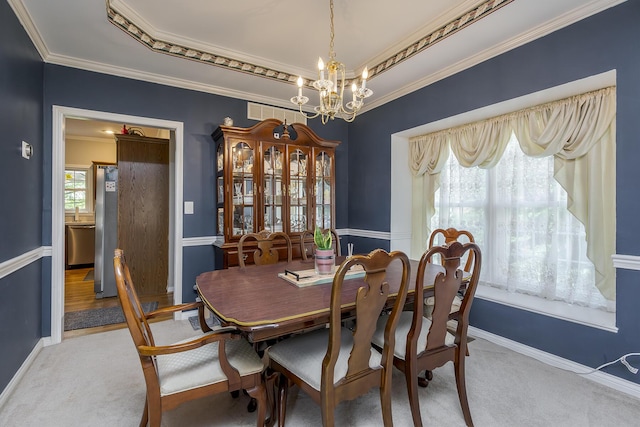 3120 Helmsdale Pl, Lexington, KY 40509 - carpeted dining space with crown molding, a chandelier, baseboards, and a raised ceiling