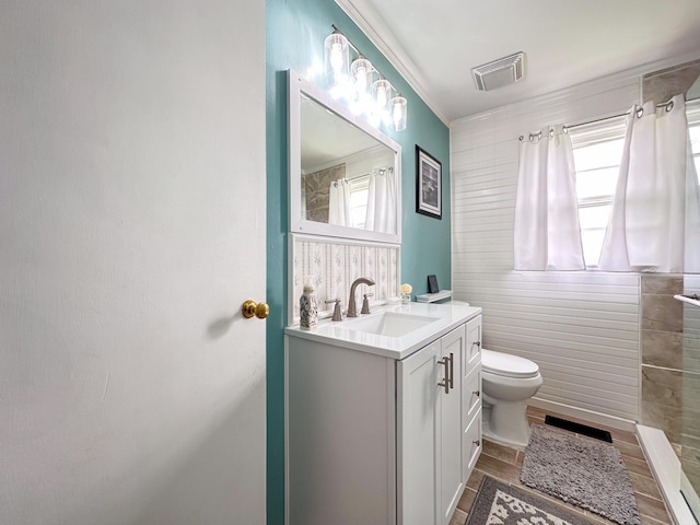 200 Summitt Ave, Somerset, KY 42501 - bathroom featuring visible vents, vanity, toilet, ornamental molding, and a shower with shower curtain