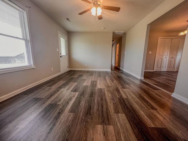 601 Heaton Ford Rd, Science Hill, KY 42553 - spare room with visible vents, a ceiling fan, baseboards, and dark wood-style floors